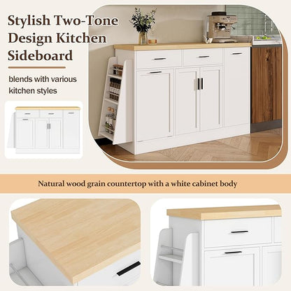Multi-Functional Storage Sideboard with Sliding Door Cabinet, 3-Tier Spice Rack, Drawers, Trash Can Storage, Wood Kitchen Island Table for Kitchen, Dining Room (White//5c)
