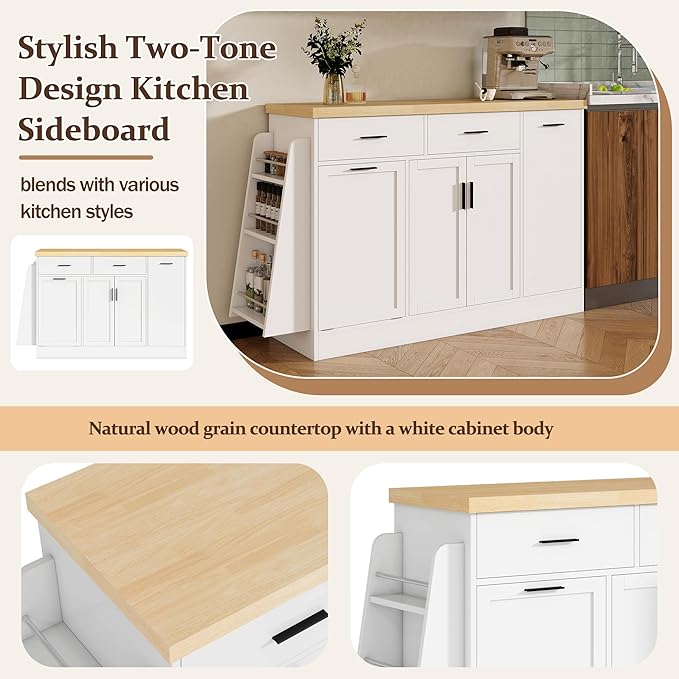 Sideboard Buffet Cabinet with Storage Drawers, Wood Kitchen Island with Trash Can Storage, 3-Tier Pull-Out Rack and Spice Rack, Modern Accent Cabinet for Kitchen, Dining Room, Entryway, White