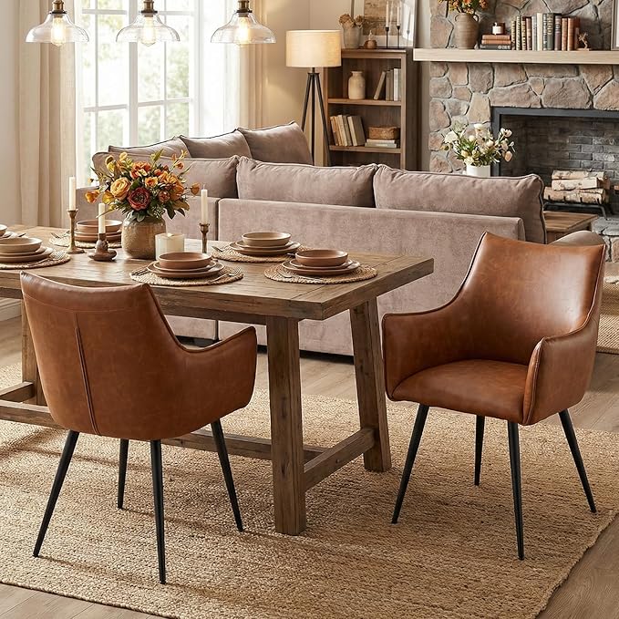 Brown PU Leather Chair, Upholstered Dining Room Chairs with Arms Set of 2 Mid Century Modern Kitchen Chair with Black Metal Legs Comfy Desk Armchair for Restaurant