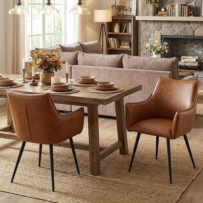 Brown PU Leather Chair, Upholstered Dining Room Chairs with Arms Set of 2 Mid Century Modern Kitchen Chair with Black Metal Legs Comfy Desk Armchair for Restaurant