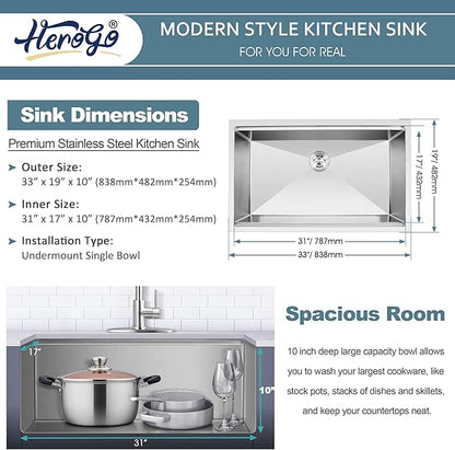 Herogo 33x19 Inch Undermount Stainless Steel Single Bowl Kitchen Workstation Sink, 10'' Deep Basin With Accessories