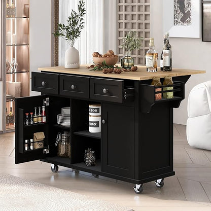 Ball & Cast Kitchen Island Cart with Rubber Wood Drop-Leaf Countertop,Cabinet Door Internal Storage Racks,Kitchen Island on 5 Wheels W/Storage Cabinet and 3 Drawers for Dinning Room,Black,53"