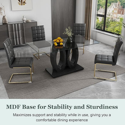 5-Piece Glass Dining Table Set, 63" Black Kitchen Table with O-Shape MDF Base, Dining Room Set for 4 with 4 Leather Upholstered Chair for Kitchen, Dining Room (Black,Gold)