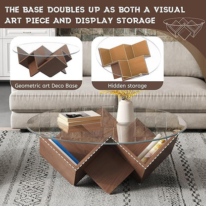 Harper & Bright Designs The Round Coffee Table with Glass Top and Geometric Abstract Art Deco Base Storage Shelves, Walnut, 35.4"