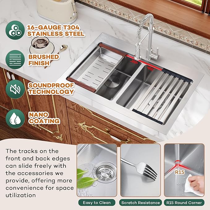 Rhbamoa Double Bowl Drop In Kitchen Sink 31 Inch,16-Gauge T304 Stainless Steel Topmount Kitchen Sink,50/50 Double Bowl Kitchen Sinks,10 Inch Deep Sinks with All Accessories, Brushed Finish