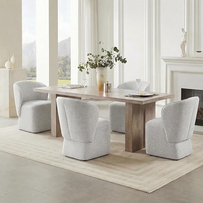 KISLOT Upholstered Dining Chairs with Wheels, No Assembly Stain Resistant Fabric Modern Barrel Armchair with Casters, Dining Room Chairs for Kitchen Living Room Bedroom, Light Grey, Set of 2