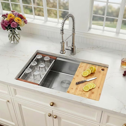 27 Inch Undermount Kitchen Sink,16 Gauge Stainless Steel Kitchen Sink Single Bowl, 27"x19"x9" Undermount Sink Ledge Workstation Sinks With All Accessories, Multi-Functional Sinks