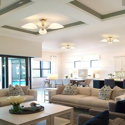 MEXO Modern Gold 3-Light Ceiling Light with Opal White Glass Shade Semi Flush Mount Ceiling Light for Living Room Hallway Sputnik Chandelier Lighting Fixture