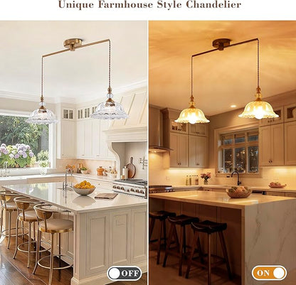 2-Light Vintage Pendant Light Fixtures for Kitchen Island Brass Gold 10.6" Glass Small Pendant Lights Adjustable Hanging Light for Hallway Porch Sink Table