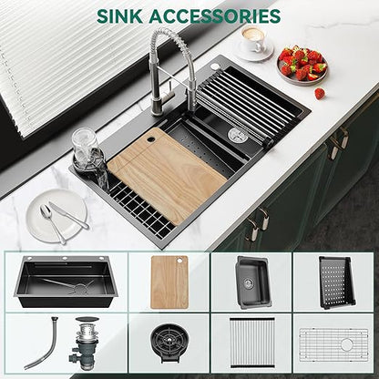 YITAHOME Drop In Kitchen Sink Workstation 30 Inch, Top mount Stainless Steel Nano Gunmetal Black Sink w/Glass Rinser, Cutting Board, Handmade Single Bowl Sink with Accessories 30 x 18 x 10in