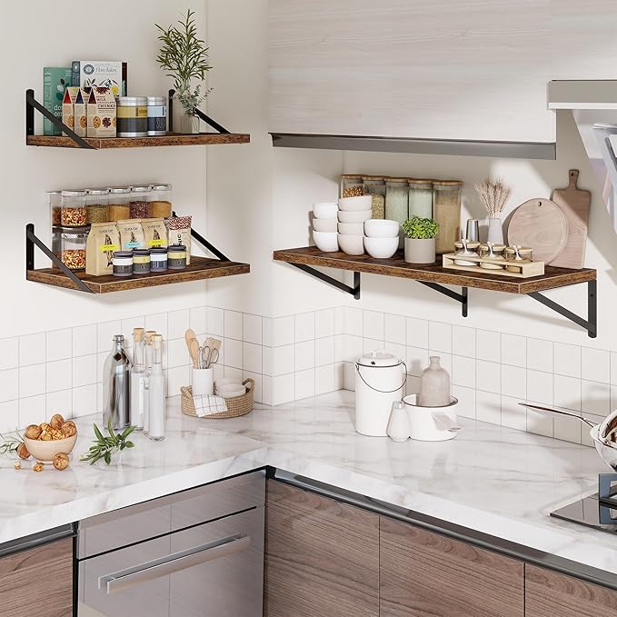 Deep Wall Shelves 12"W x 12"D Engineered Wood Floating Shelves for Wall, Sturdy Metal Bracket Bookshelves Home Decor Storage for Living Room Bedroom Bathroom Kitchen, Set of 2, Rustic Brown Finish