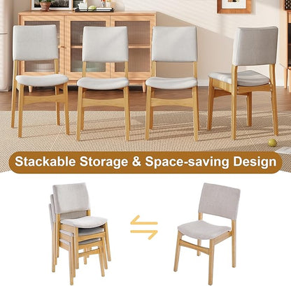 VilroCaz 5-Piece Dining Table Set - Rectangular Solid Wood Table & Upholstered Linen Chairs, Kitchen Dining Room Set for 4, Space-Saving Dinette (Natural-5J)