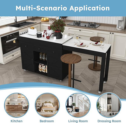 KEIKI 74.8" Kitchen Island with Extendable Dining Table, Rolling Cart with Power Outlet, 3 Drawers & Storage Cabinet on Wheels for Kitchen, Dining Room, Black