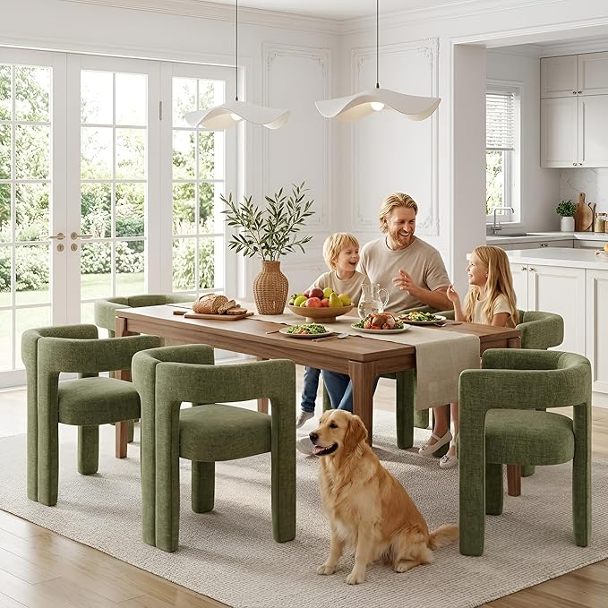 VESCASA Modern Barrel Dining Chairs Set of 6 with Open Back, Chenille Upholstered Accent Kitchen Armchairs with Wood Legs for Dining Room Reception Small Space, Green