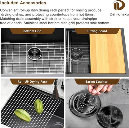 32-Inch Gunmetal Black Undermount Kitchen Sink Workstation - Delironexu 16 Gauge Stainless Steel Deep Single Bowl Kitchen Sinks 32x19x9, Includes Accessories (Pack of 4)