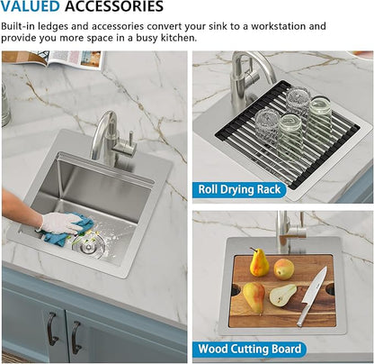 13"x15" Drop In Bar Prep Sink Workstation – 16 Gauge 304 Stainless Steel, Single Bowl Top Mount Overmount Wet Bar RV Outdoor Kitchen Sink with Faucet