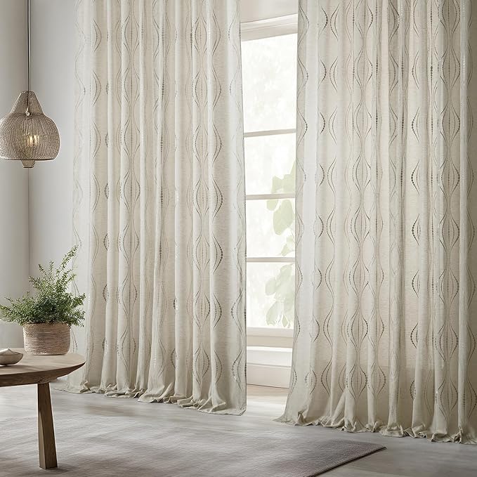 HPD Half Price Drapes Embroidered Linen Sheer Curtains for Living Room 50 X 84 (1 Panel), Rod Pocket Window Curtains for Bedroom, Suez Natural