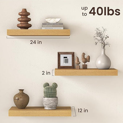 Fun Memories 12 Inch Deep Oak Floating Shelf, 24 x 12 Rustic Wood Wall Shelf for Books, 2" Thick Deep Floating Shelf for Storage & Display in Kitchen, Living Room, Bedroom, 2 Packs