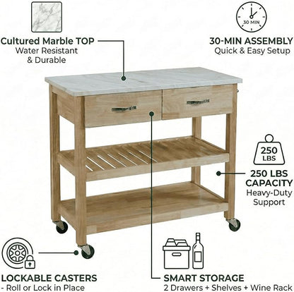 Casaphoria Amanda Collection Solid Wood Kitchen Island, 42" Butcher Block Cart with Cultured Marble Top & Locable Wheels, Prep Table for Small Spaces (Natural)