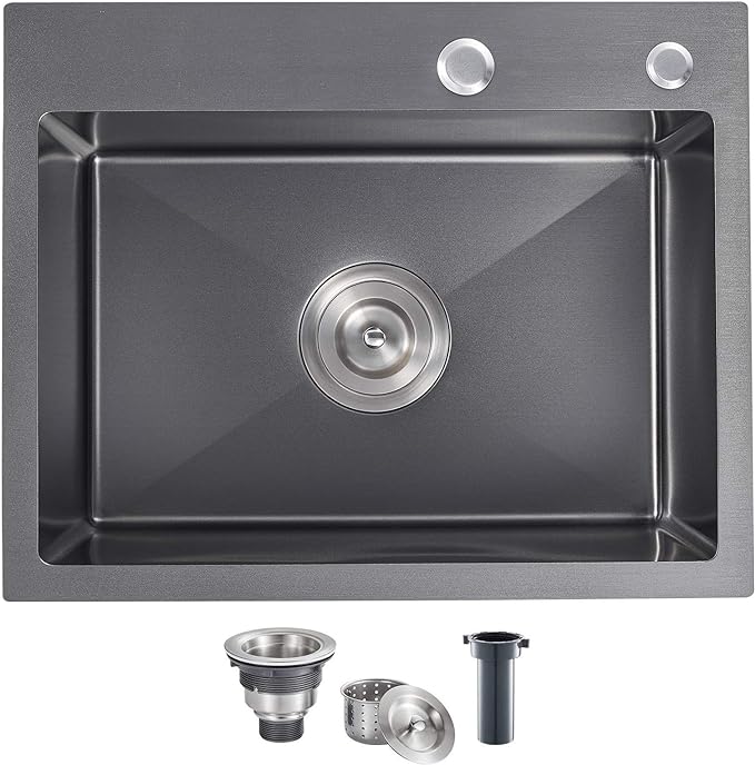 MENATT 20-inch Top-Mount Handmade Kitchen Sink, SUS304 Stainless Steel Drop in Kitchen Single Bowl Sink with Basket Strainer (Black), 20"x16"x9"
