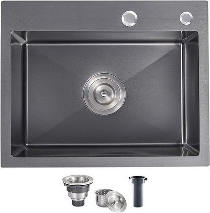 MENATT 20-inch Top-Mount Handmade Kitchen Sink, SUS304 Stainless Steel Drop in Kitchen Single Bowl Sink with Basket Strainer (Black), 20"x16"x9"