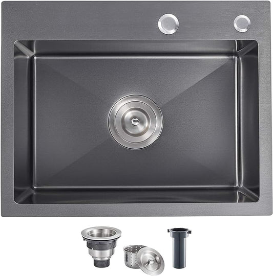 MENATT 20-inch Top-Mount Handmade Kitchen Sink, SUS304 Stainless Steel Drop in Kitchen Single Bowl Sink with Basket Strainer (Black), 20"x16"x9"