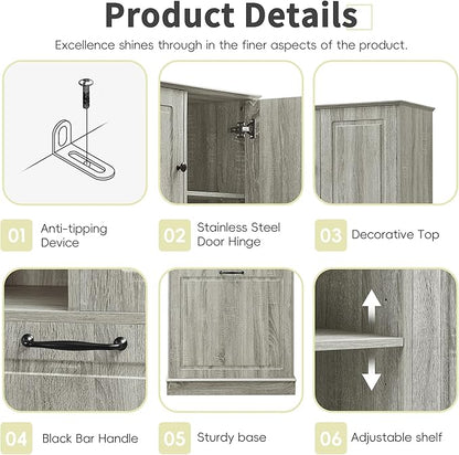 68" Tall Bathroom Storage Cabinet with Two Doors and Laundry Hamper for Home Display Organizer, Adjustable Shelf, Oak