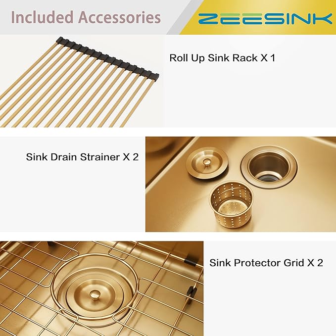 Gold Kitchen Sink,33 X 22 inch Drop in Kitchen Sinks Double Bowl,16 Gauge Stainless Steel 50/50 Double Sink,Top Mount/Drop In Double Kitchen Sink 33 inch