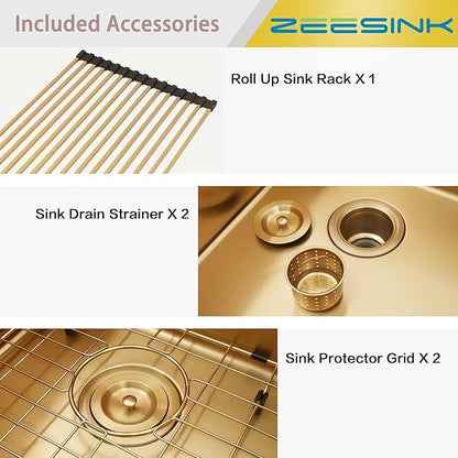 Gold Kitchen Sink,33 X 22 inch Drop in Kitchen Sinks Double Bowl,16 Gauge Stainless Steel 50/50 Double Sink,Top Mount/Drop In Double Kitchen Sink 33 inch