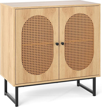 Giantex Rattan Sideboard Buffet Cabinet with Storage, Boho Sideboard with Doors & Adjustable Shelf, Small Accent Buffet Storage Cabinet with Metal Legs for Kitchen, Living Room, Entryway, Natural