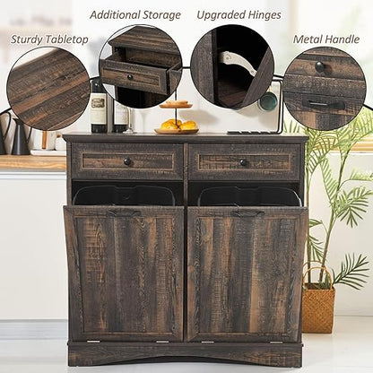 Double Tilt Out Trash Cabinet Freestanding Wooden Garbage Can Cabinet with Hideaway Drawers, 2x13 Gallons Pet Proof Garbage Can Holder for Kitchen Living Room, Rustic Brown