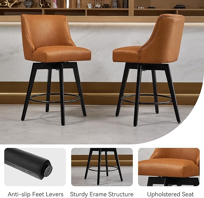 Counter Height Bar Stools Set of 2, Swivel Barstools with Backs and Wood Legs, Faux Leather Upholstered Counter Stools for Kitchend Island, Mid-Century Modern 26" Seat Height Bar Chairs, Brown