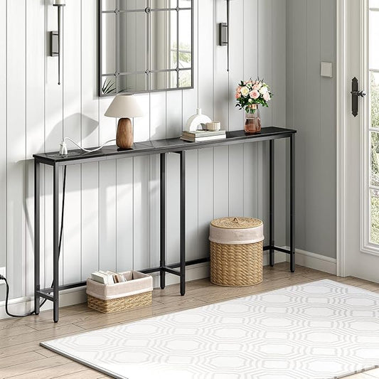 HOOBRO 63" Narrow Console Table with Charging Station, 5.9" Slim Sofa Table Behind Couch, 2 AC Outlets & USB-C Ports, Long Entryway Tables for Small Spaces, Livingroom, Black BB165UXG01G1