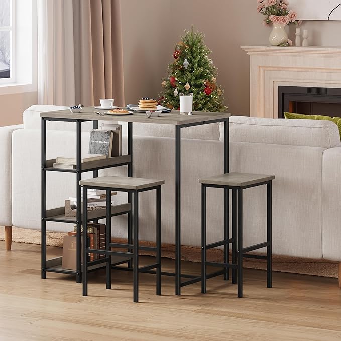 IDEALHOUSE 36" Counter Height Dining Table Set for 2 with Bar Stools and Storage Shelves, Space-Saving Kitchen Table for Small Space, Apartment, Studio, Grey