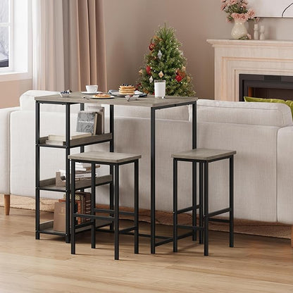 IDEALHOUSE 36" Counter Height Dining Table Set for 2 with Bar Stools and Storage Shelves, Space-Saving Kitchen Table for Small Space, Apartment, Studio, Grey