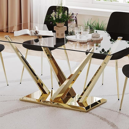 Luxury Gold Glass Dining Table for 4-6 Modern 63-Inch Rectangular Kitchen & Dining Room Table with Double V-Shape Stainless Steel Base Large Clear Glass Top Dining Table for Home Office