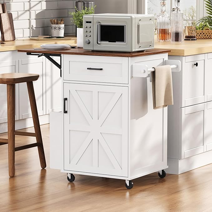 39.3" Farmhouse Kitchen Island with Drop Leaf and Open Side Rack, Small Kitchen Rolling Cart with Drawer and Storage Cabinet, Mobile Dining Table with Lockable Wheels and Towel Rack for Garden White