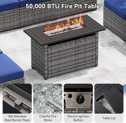 LazySunsets 12-Piece Patio Furniture Set with 44" Fire Pit Table, Wicker Outdoor Furniture, Patio Conversation Sets with Coffee Table, Outdoor Sectional Couch with Waterproof Cover, Blue