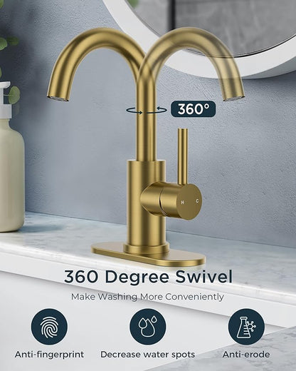 FORIOUS Brushed Gold Bathroom Faucet 1 Hole Single Handle 360° Swivel Gooseneck Spout, with Metal Pop Up Drain and cUPC Supply Line, Suitable for Wet Bar Kitchen RV Vanity Restroom