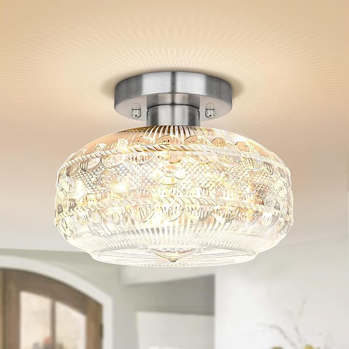Semi Flush Mount Light Fixture, Brushed Nickel Hallway Lights, Globe Glass Ceiling Lamp, Industrial Kitchen Farmhouse Lighting for Entryway Bathroom Bedroom, Bulb Not Included
