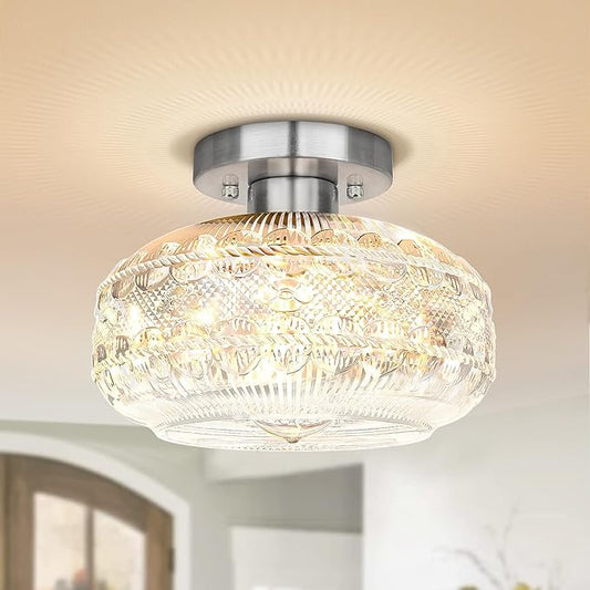 Semi Flush Mount Light Fixture, Brushed Nickel Hallway Lights, Globe Glass Ceiling Lamp, Industrial Kitchen Farmhouse Lighting for Entryway Bathroom Bedroom, Bulb Not Included