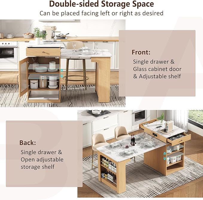 Domesto 59.5" Kitchen Island with Extendable Dining Table,Kitchen Storage Table with Double-Sided Storage, Kitchens Island with 2 Drawers, Power Outlet, Side Open Shelves (Naturl)
