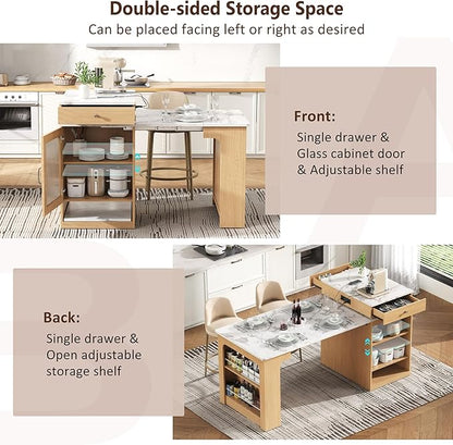 Domesto 59.5" Kitchen Island with Extendable Dining Table,Kitchen Storage Table with Double-Sided Storage, Kitchens Island with 2 Drawers, Power Outlet, Side Open Shelves (Naturl)