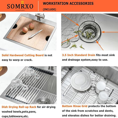 21x20 Inch Drop In Bar Sink - 16 Gauge Stainless Steel Small Kitchen Sink, 10" Deep Single Bowl Workstation Sinks with Accessories for RV, Outdoor Kitchen & Wet Bar