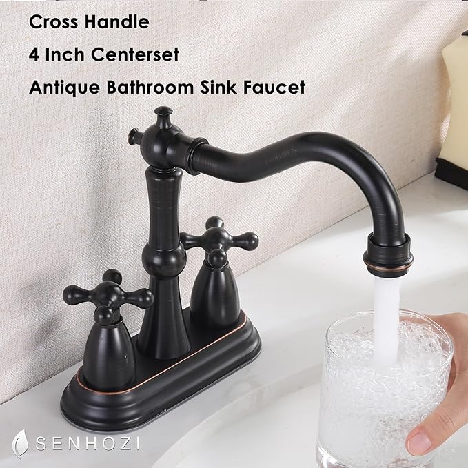 Oil Rubbed Bronze Bathroom Faucet 2 Hole, 4 Inch Centerset Antique Bathroom Faucet with Pop Up Drain and Supply Hose, Modern Bathroom Faucet Vanity Faucet, SE-0038-ORB