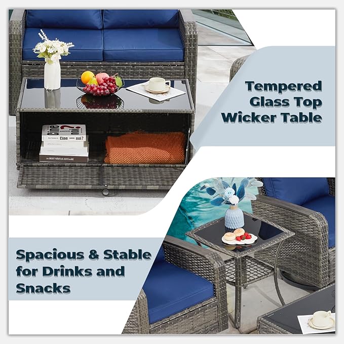 5 Pieces Outdoor Furniture Set with Swivel Chairs, Wicker Patio Furniture for Porch Deck Bistro Lawn Garden Backyard Poolside（Blue）