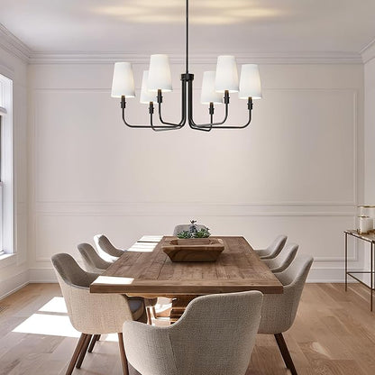 DORESshop 6-Light Chandelier for Dining Room Light Fixture Over Table, 33.86" Modern Matte Black Chandelier with White Linen Shades, Adjustable Hanging Light Fixture for Kitchen Island Foyer Hallway