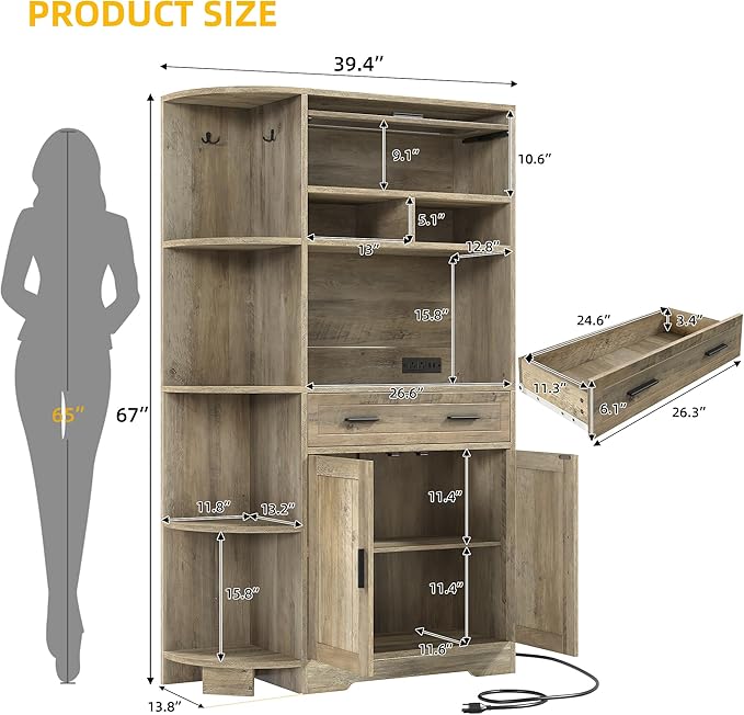 DWVO Farmhouse Kitchen Pantry Cabinet, 67" Bakers Rack w/Storage Cabinet, Coffee Bar w/Charging Station, Buffet Sideboard, Microwave Stand, Hutch Cupboard for Dining Room Kitchen Living Room(Ash Gray)