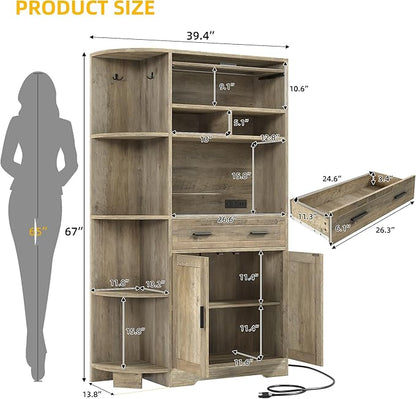 DWVO Farmhouse Kitchen Pantry Cabinet, 67" Bakers Rack w/Storage Cabinet, Coffee Bar w/Charging Station, Buffet Sideboard, Microwave Stand, Hutch Cupboard for Dining Room Kitchen Living Room(Ash Gray)