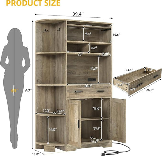 DWVO Farmhouse Kitchen Pantry Cabinet, 67" Bakers Rack w/Storage Cabinet, Coffee Bar w/Charging Station, Buffet Sideboard, Microwave Stand, Hutch Cupboard for Dining Room Kitchen Living Room(Ash Gray)